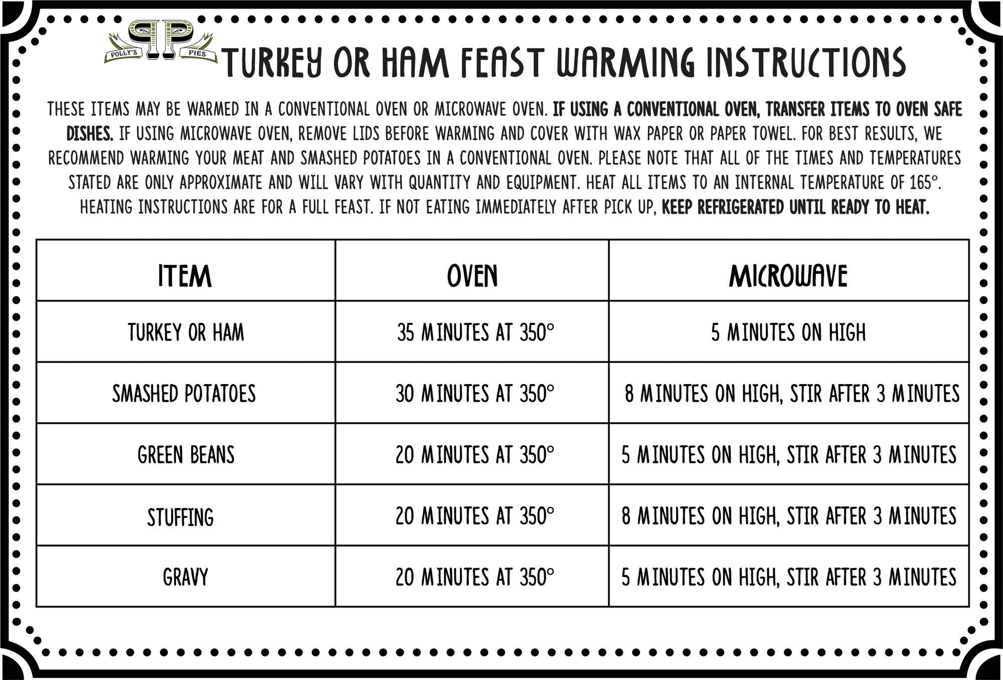 Holiday Feast warming instructions 1